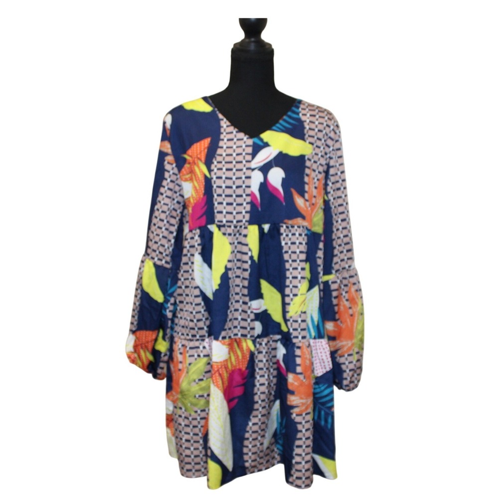 Tiered Mini Dress Women Small EUC Multi Color Good‎ Tropical Puff Sleeve